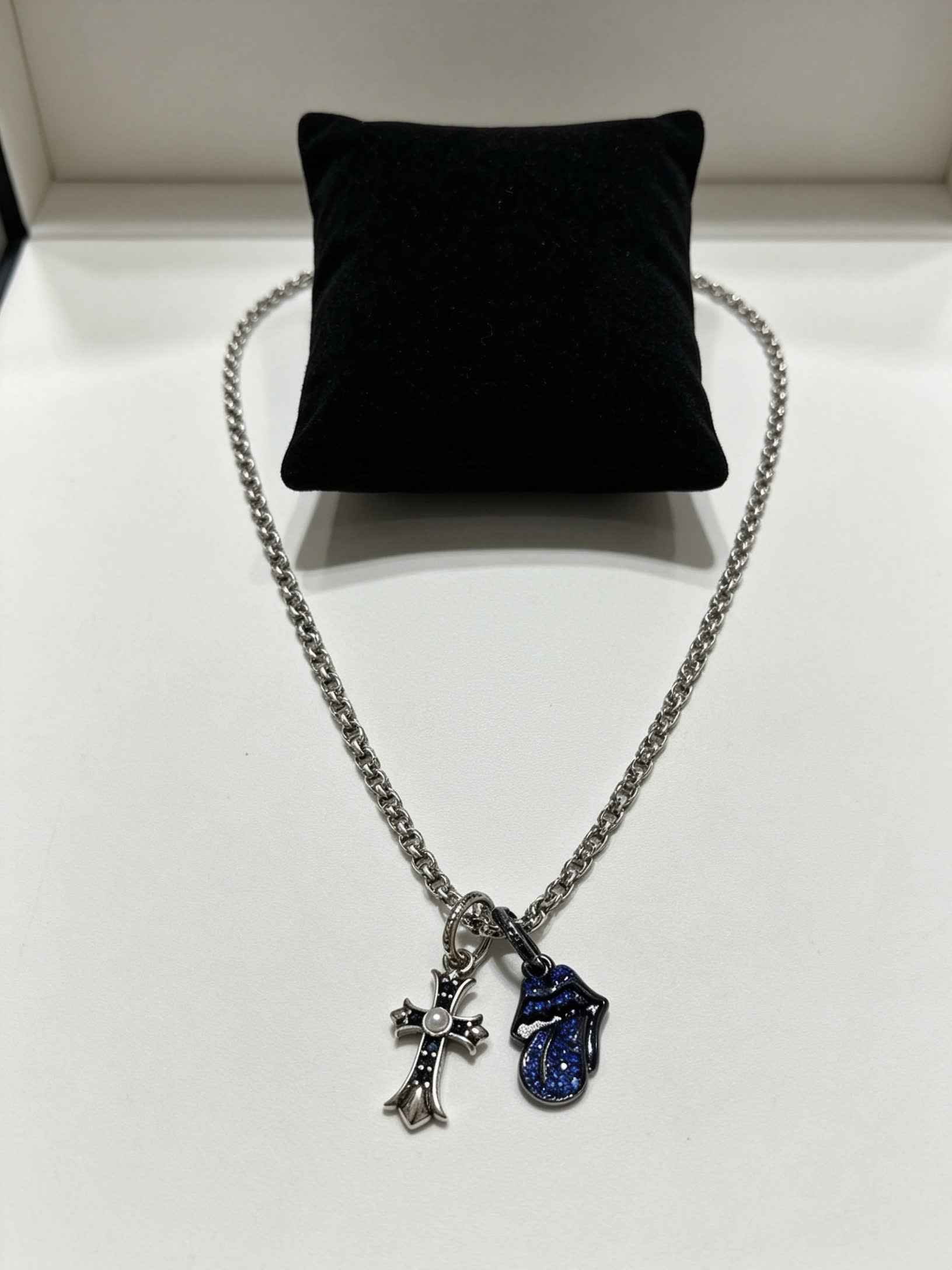 Chrome Hearts Silver Cross and Blue Enamel Charm Necklace